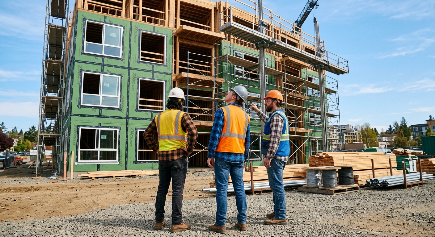 Van Isle Housing construction team on an active building site